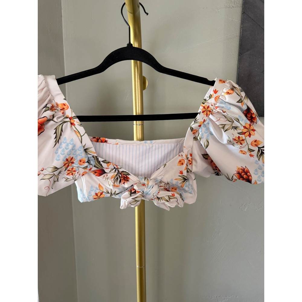 Agua Bendita Calista Sunbaze Floral Puff Sleeve Tie Back Bikini Top Sz L - Picture 3 of 6